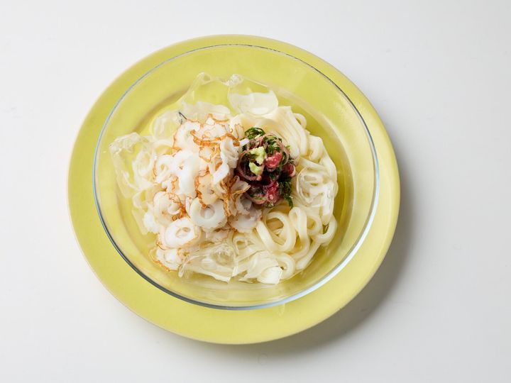 ちくわと梅と薬味と氷をのせたぶっかけうどん