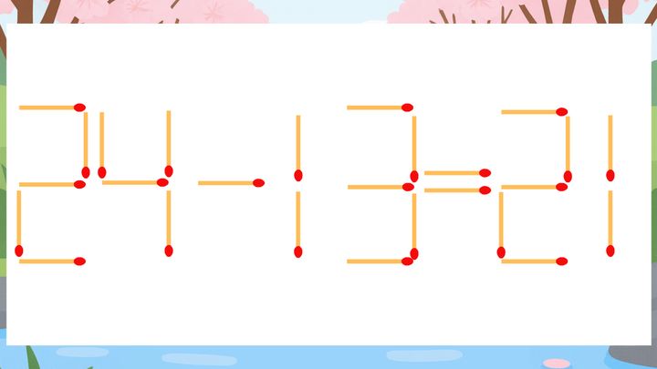 【マッチ棒クイズ】1本だけ動かして正しい式に：24-13=21？の問題画像