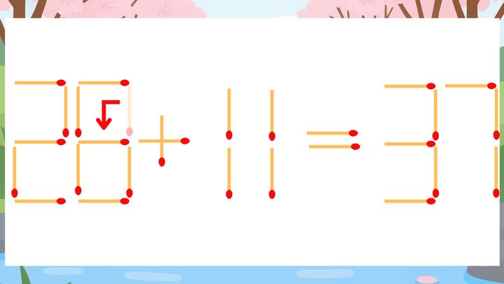 【マッチ棒クイズ】1本だけ動かして正しい式に：20+11=37？の解答画像