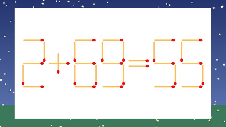 【マッチ棒クイズ】1本だけ動かして正しい式に：2+69=55？の問題画像