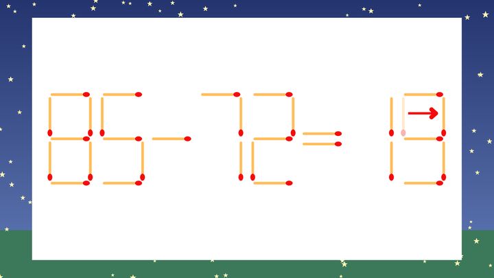 【マッチ棒クイズ】1本だけ動かして正しい式に：85-72=15？の解答画像