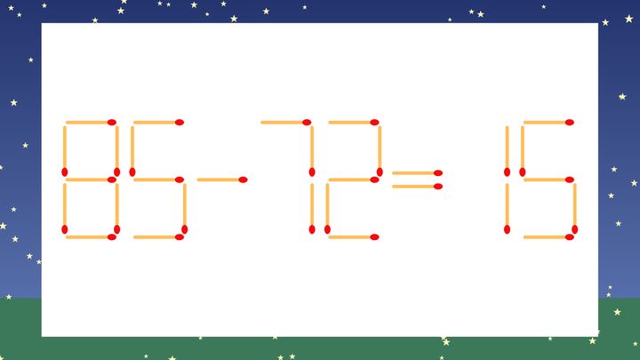 【マッチ棒クイズ】1本だけ動かして正しい式に：85-72=15？の問題画像