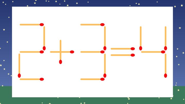【マッチ棒クイズ】1本だけ動かして正しい式に：2+3=4？の問題画像