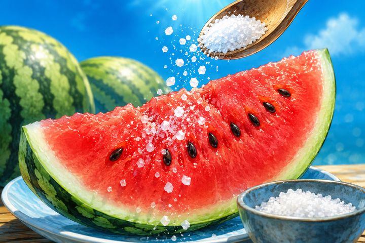【かけすぎ注意】夏の定番「スイカ」に塩をかけると甘く感じるのは「対比効果」だった！実は糖分は増えていない