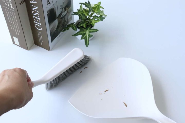 白いテーブルの上で、手がブラシを使ってチリトリに木くずのようなゴミを掃き集めている。奥には本と観葉植物。