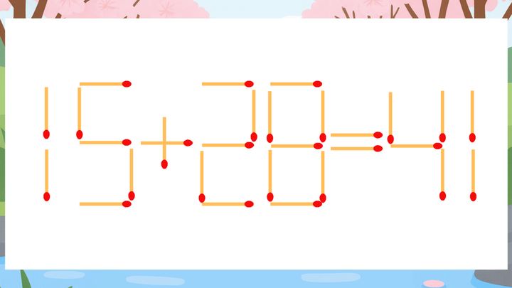 【マッチ棒クイズ】1本だけ動かして正しい式に：15+28=41？の問題画像