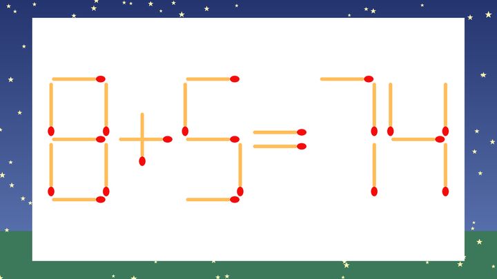 【マッチ棒クイズ】1本だけ動かして正しい式に：8+5=74？の問題画像