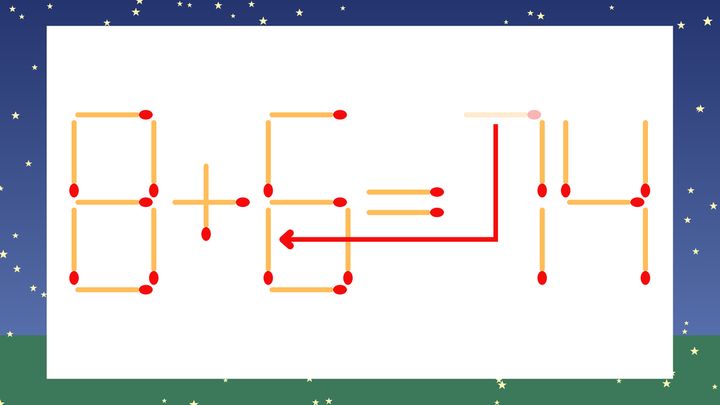【マッチ棒クイズ】1本だけ動かして正しい式に：8+5=74？の解答画像