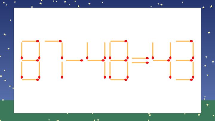 【マッチ棒クイズ】1本だけ動かして正しい式に：87-48=43？の問題画像