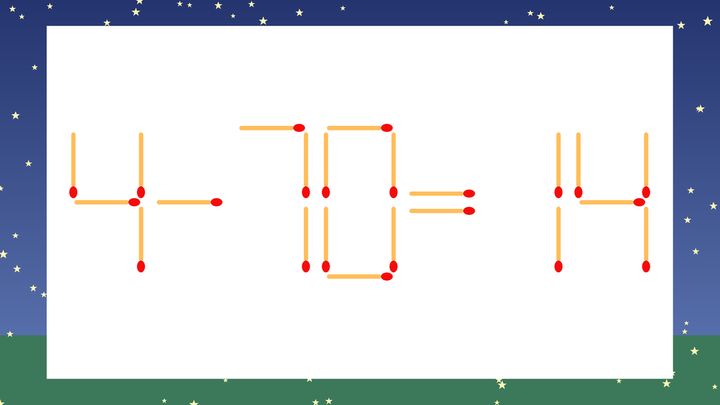 【マッチ棒クイズ】1本だけ動かして正しい式に：4-70=14？の問題画像