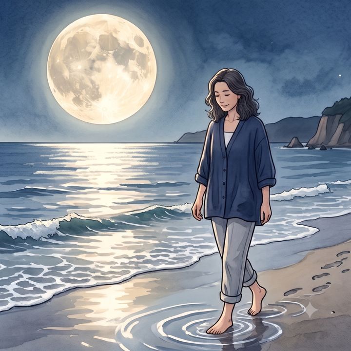 月が輝く海辺
