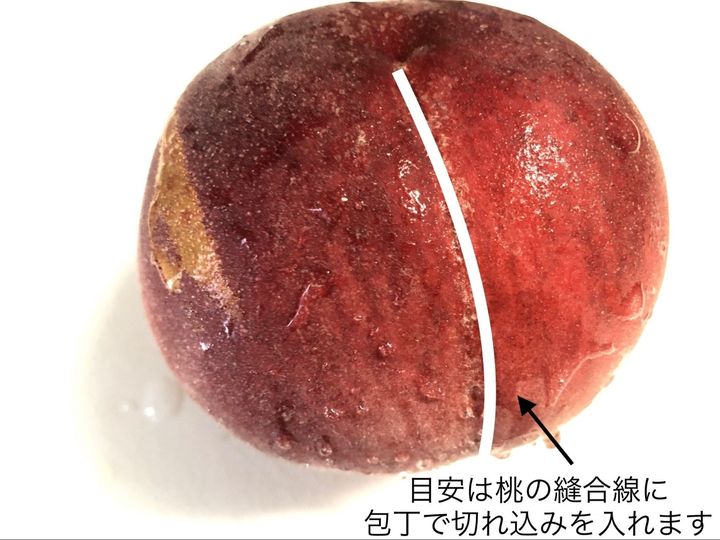 桃の縫合線（ほうごうせん）割れ目に沿って、ぐるっと一周切れ込みを入れます