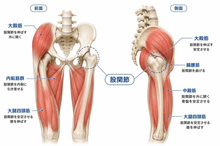 股関節と周辺筋肉の解剖図