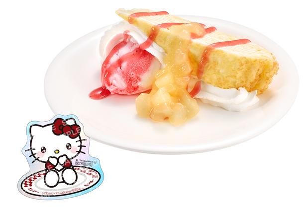 スシローの定番スイーツ「ミルクレープメルバ」がりんご仕様に！「第1弾 ハローキティ コラボステッカー付き りんごのミルクレープメルバ」(350円〜)