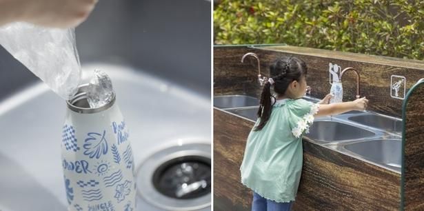 対象施設で無料の氷をもらって、ウォーターステーションで冷たい水を補給！ 撮影：樋口涼