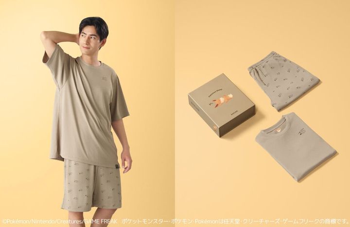 半袖Tシャツとショートパンツの上下セットは、サックスブルーのカビゴン、ブラックのピカチュウ、ピンクのプリン、パープルのメタモン、ブラウンのイーブイという5カラーを展開。