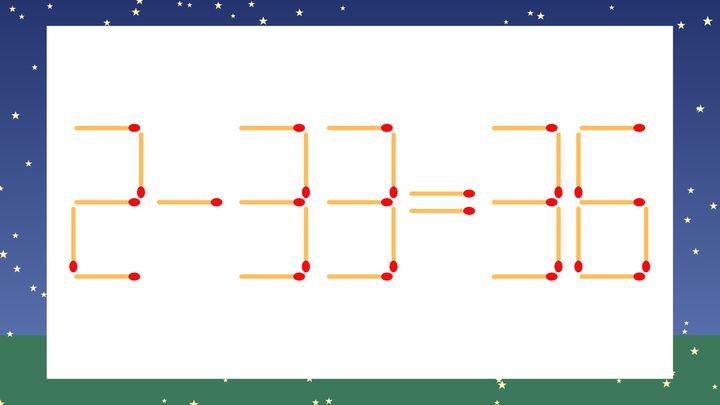 【マッチ棒クイズ】1本だけ動かして正しい式に：2-33=36？の問題画像