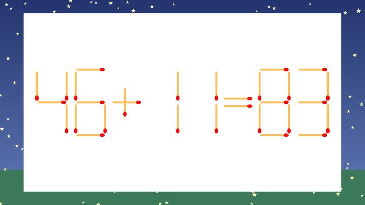 【マッチ棒クイズ】1本だけ動かして正しい式に：46+11=83？の問題画像