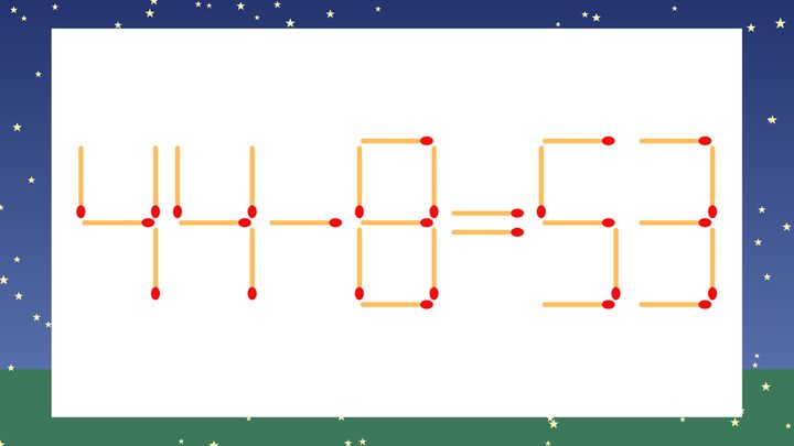 【マッチ棒クイズ】1本だけ動かして正しい式に：44-8=53？の問題画像