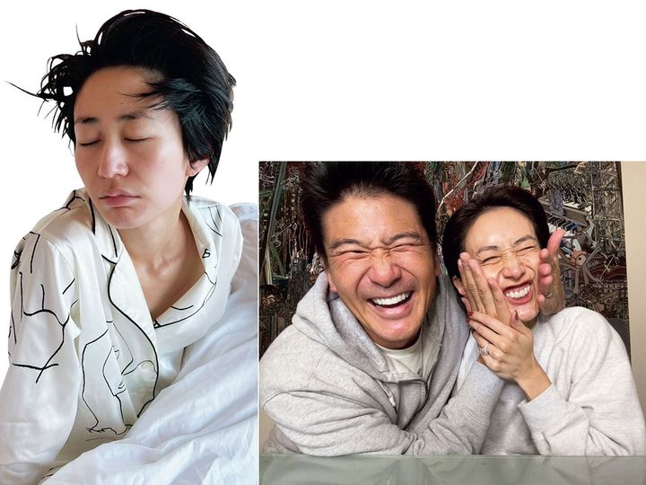 神山まりあさんの寝顔と夫婦の笑顔