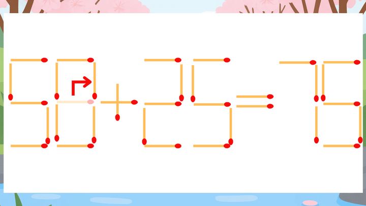 【マッチ棒クイズ】1本だけ動かして正しい式に：56+25=75？の解答画像