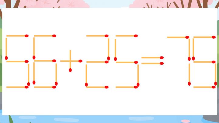 【マッチ棒クイズ】1本だけ動かして正しい式に：56+25=75？の問題画像