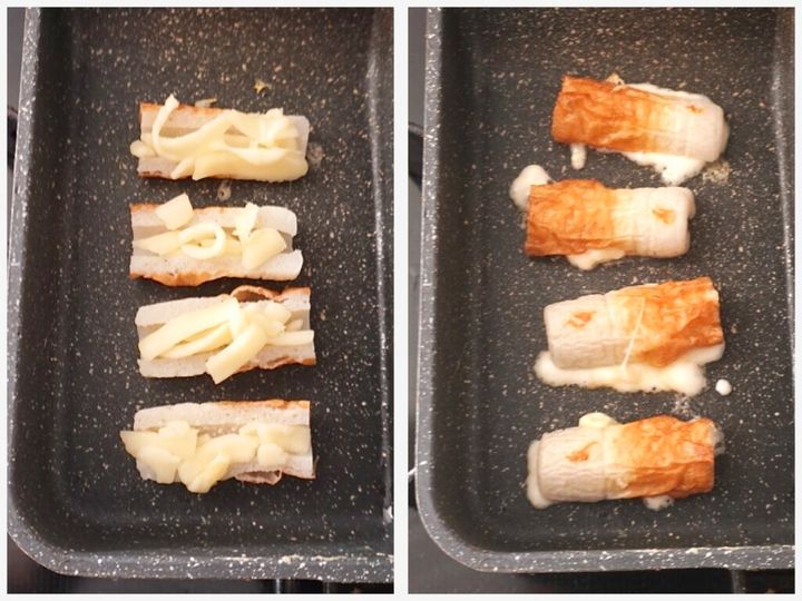 パン弁当。おかずは焼いたパンとちくわチーズ、卵焼き、マカロニ、鶏ささみフライ。中学生女児弁当。