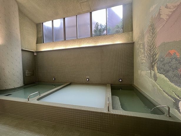 炭酸泉はややぬるめ、薬風呂は41～42度で、水風呂も並ぶ