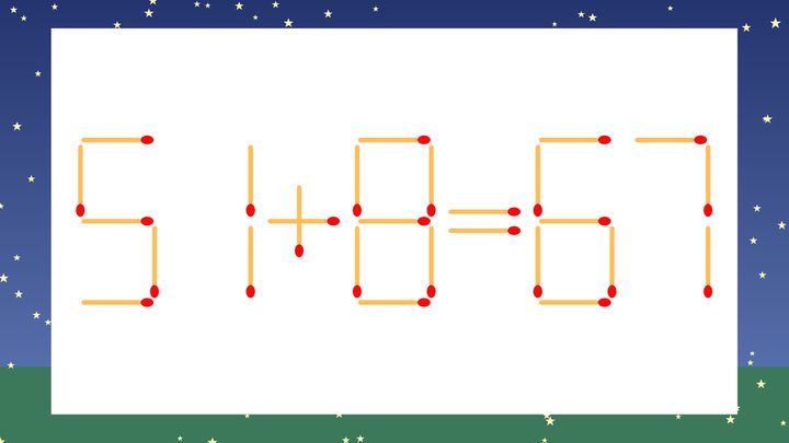 【マッチ棒クイズ】1本だけ動かして正しい式に：51+8=67？の問題画像