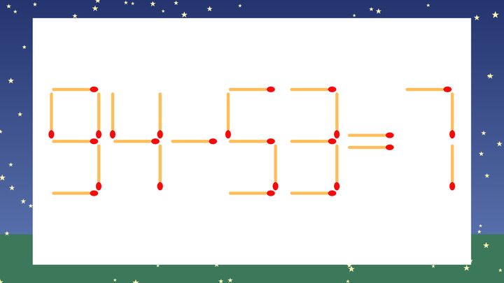 【マッチ棒クイズ】1本だけ動かして正しい式に：94-53=7？の問題画像