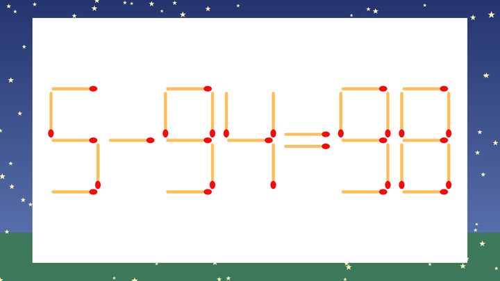 【マッチ棒クイズ】1本だけ動かして正しい式に：5-94=98？の問題画像