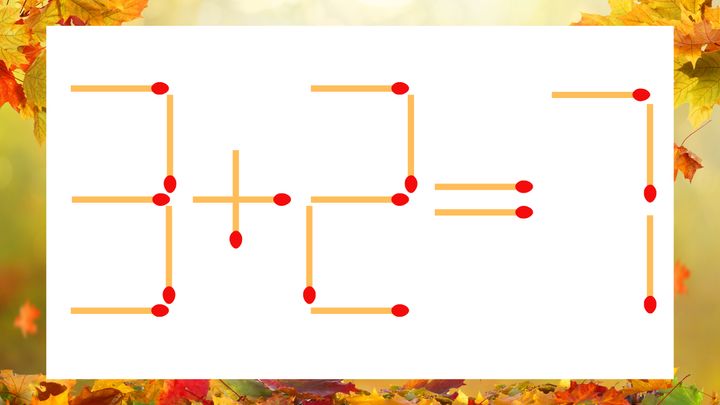 【マッチ棒クイズ】1本だけ動かして正しい式に：3＋2＝7？の問題画像