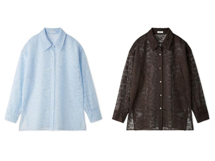 画像: オーナメントパネルレースシャツ（ライトブルー、ブラウン）各¥22,880（ともにフレイ アイディー） ◾️ハンドウォッシャブル 出典：フレイ アイディー