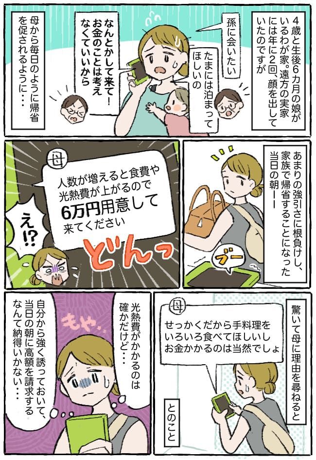 母「来るなら6万円用意して」自ら催促した帰省なのに！？当日朝4時に費用を請求され…→私の決断は！？
