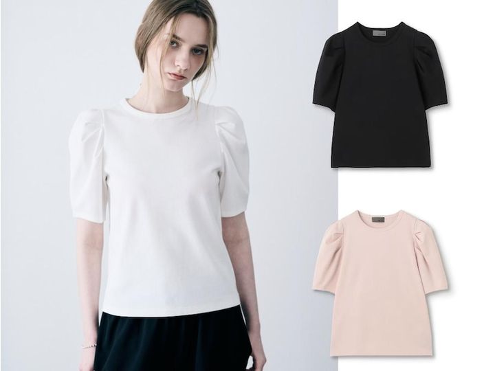 画像: ダブルフェイスジャージー ボリュームスリーブカットソー（オフ、ブラック、ピンク）各¥7,920（すべてアンクレイヴ） ◾️UVケア ◾️接触冷感 ◾️ウォッシャブル 出典：アンクレイヴ