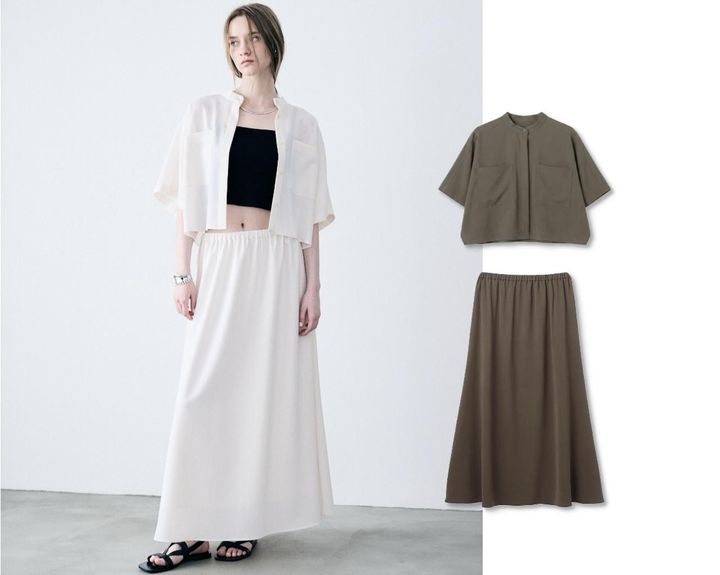 画像: ドライタッチトロ ドルマンシャツ（エクリュ、トープ）各¥18,700、ドライタッチトロ フレアスカート（エクリュ、トープ）各¥17,600（すべてアンクレイヴ） ◾️接触冷感 ◾️ウォッシャブル ◾️防シワ 出典：アンクレイヴ