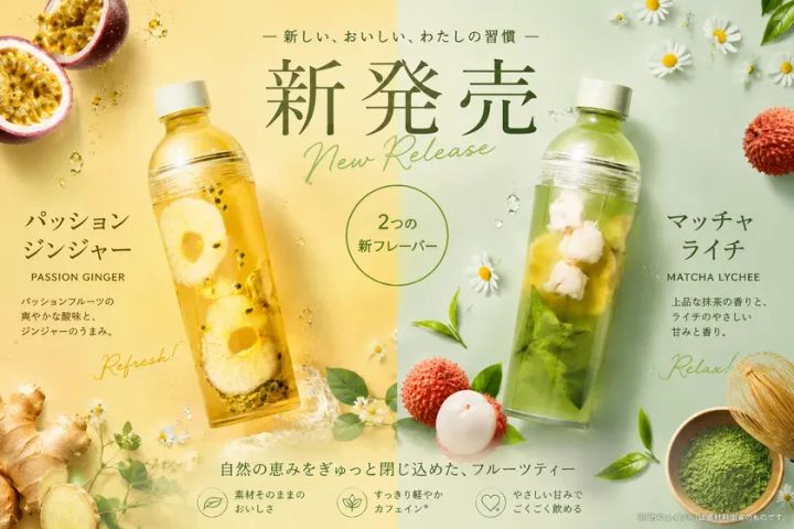 黄色と淡い緑の背景に、新商品の「パッションジンジャー」と「マッチャライチ」を入れた透明ボトルを並