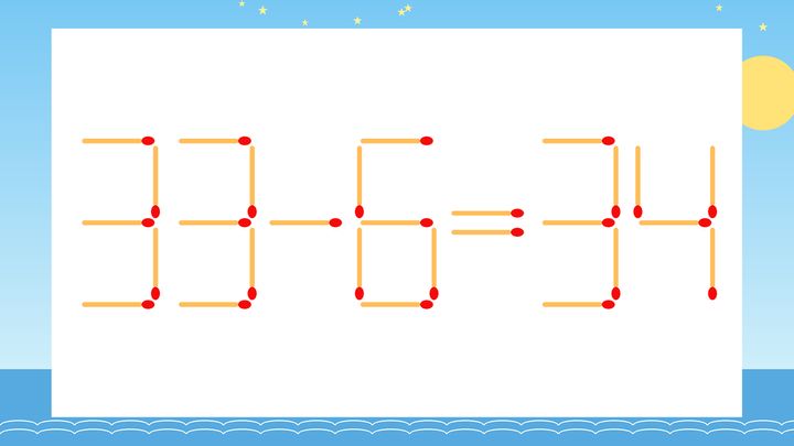 【マッチ棒クイズ】1本だけ動かして正しい式に：33-6=34？の問題画像