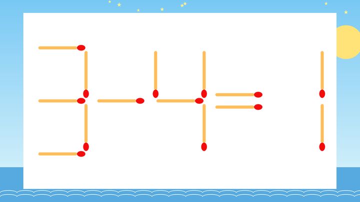 【マッチ棒クイズ】1本だけ動かして正しい式に：3-4=1？の問題画像
