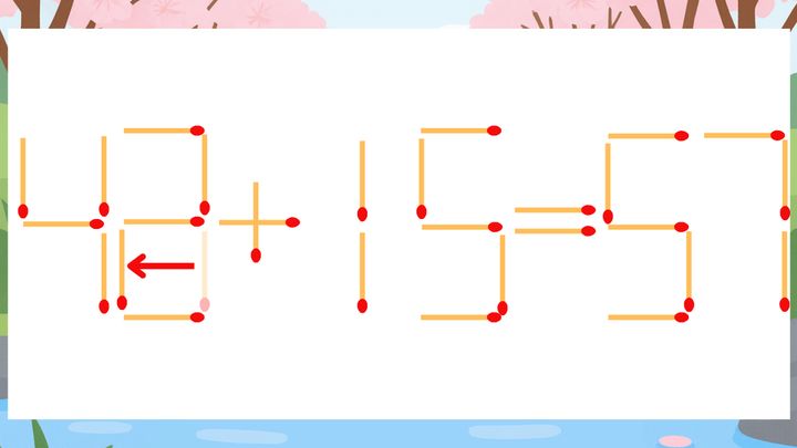 【マッチ棒クイズ】1本だけ動かして正しい式に：43+15=57？の解答画像
