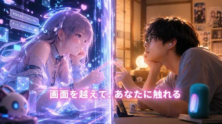 紫色の髪のAI風女性キャラクターと男性が