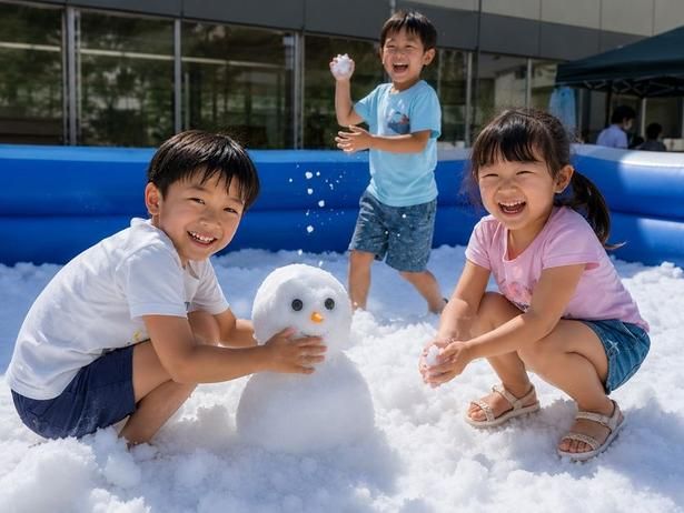 真夏の高原に雪の広場が出現！ひんやり冷たい雪だるま作りに大はしゃぎ
