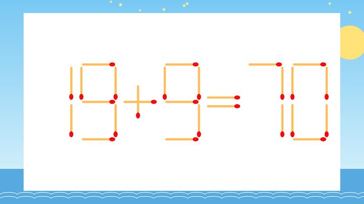 【マッチ棒クイズ】1本だけ動かして正しい式に：19+9=70？の問題画像