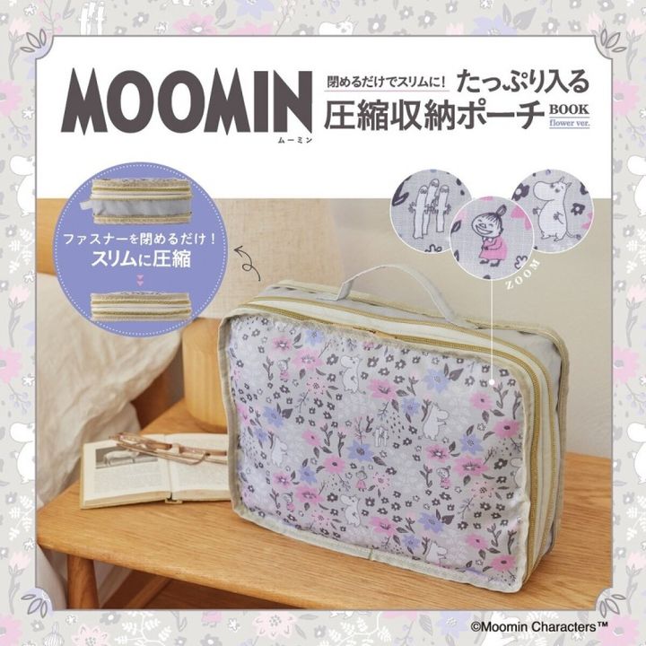 ムーミンの花柄圧縮収納ポーチ。圧縮前後の比較とキャラクター柄のアップ