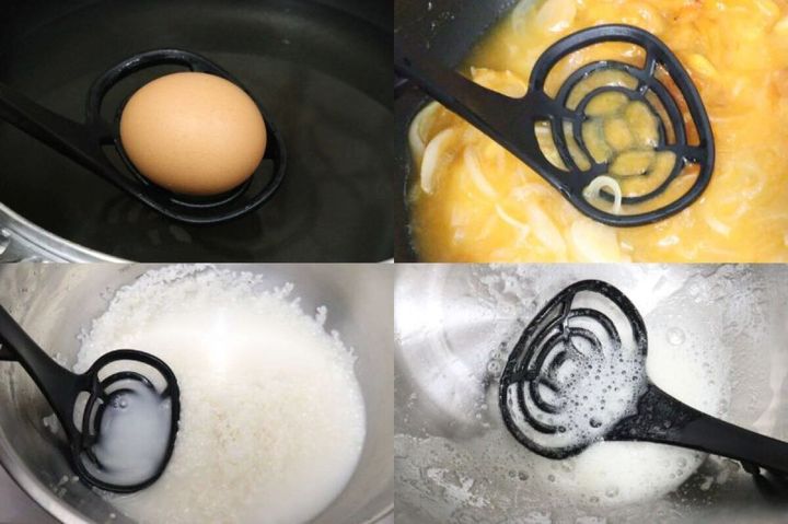 4wayツールで卵をすくう、炒め物を潰す、米を研ぐ、泡立てるの4つの使用例
