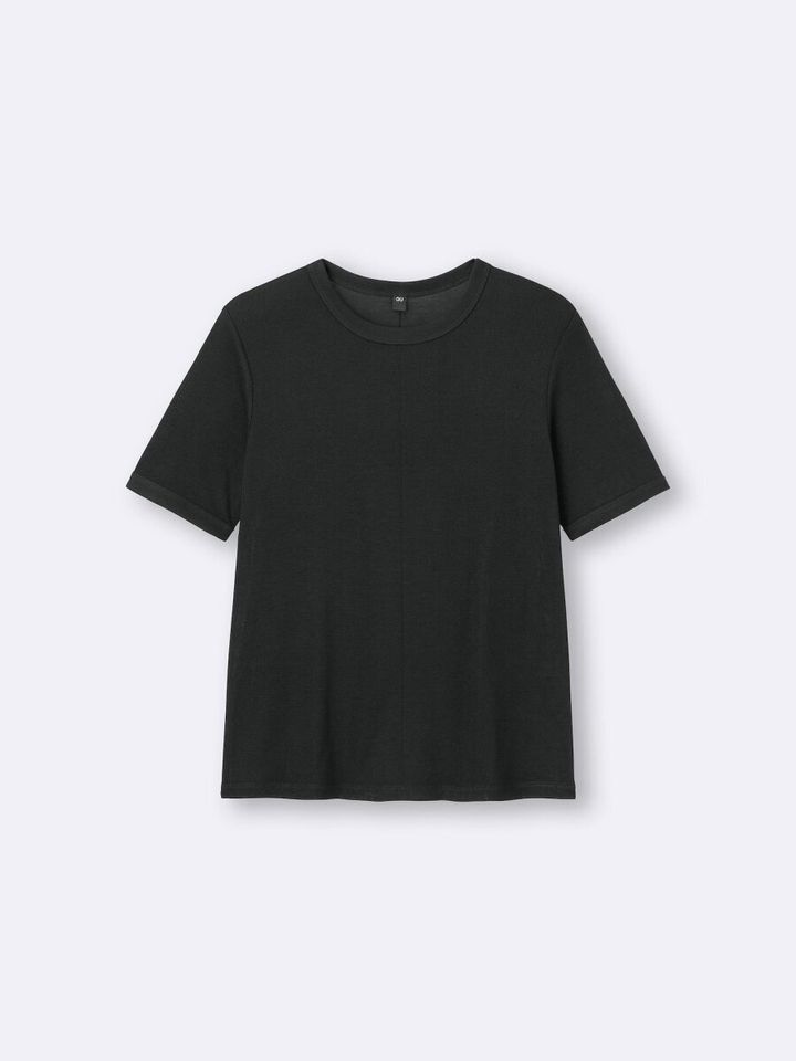 黒いソフトシアークルーネックTシャツの平置き