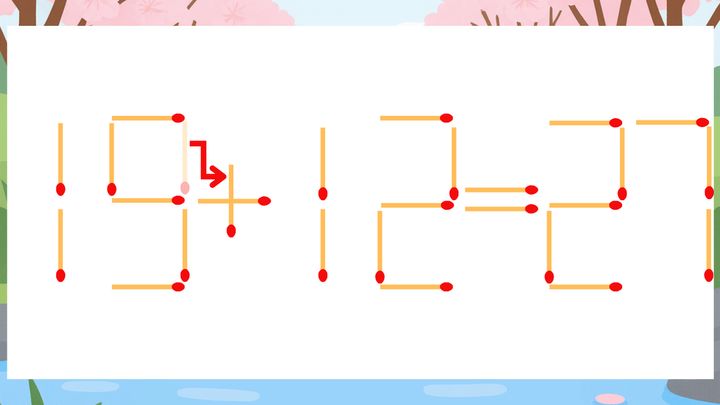 【マッチ棒クイズ】1本だけ動かして正しい式に：19-12=27？の解答画像
