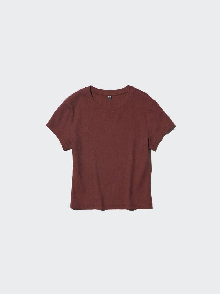 ブラウンのリブ素材クルーネックミニTシャツ