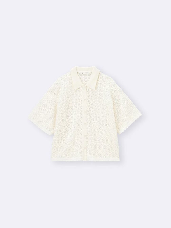 白の透かし編み5分袖ニットシャツ