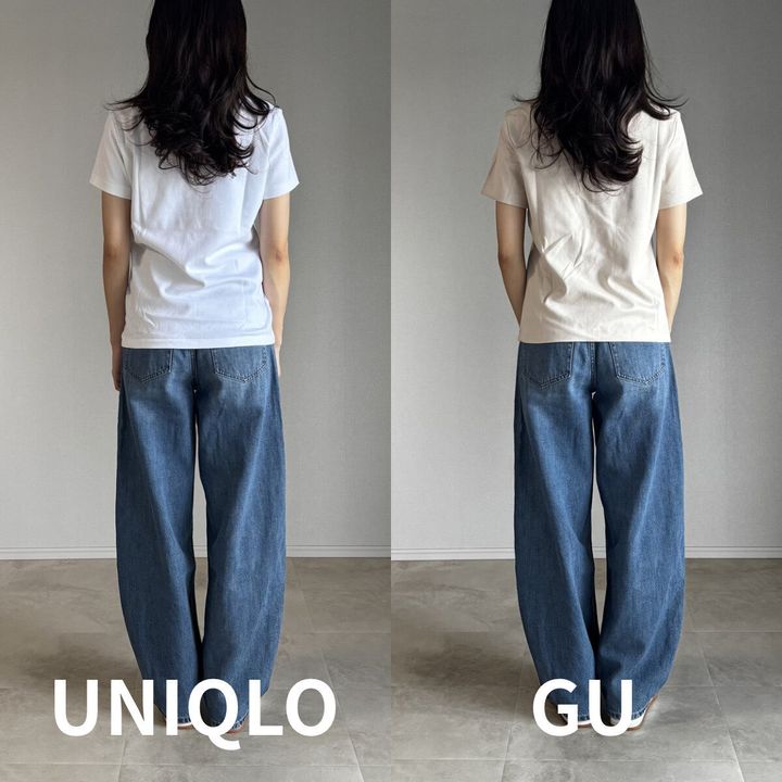 白いユニクロTとベージュのGU Tを着た女性の後ろ姿比較